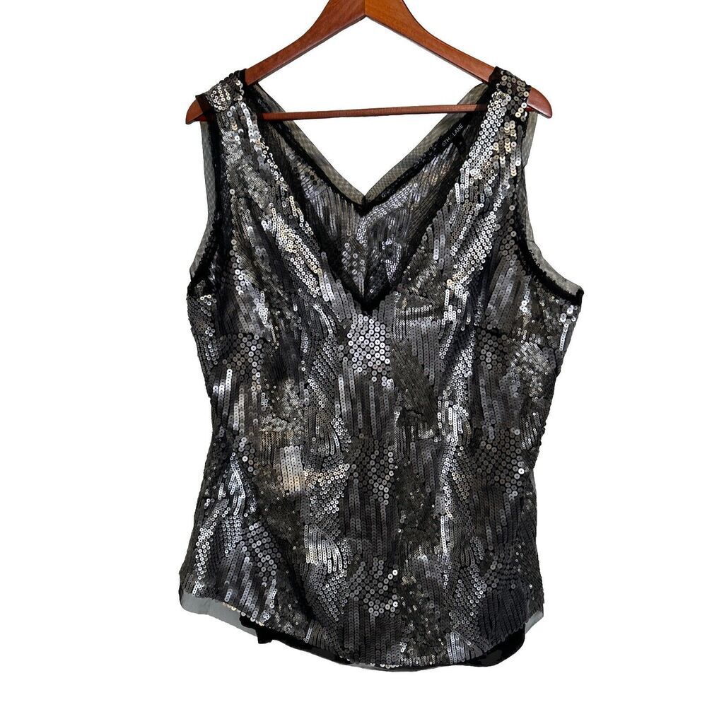 6TH & LANE Gray Metallic Sequined Sleeveless Pullover Blouse Sz 18 Party V Neck